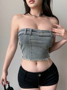 Dazy Designer Ladies' Buckle Detail Raw Edge Strapless Denim Top,Crop Tops Women Going Out Tops Tube Top - Blue - View 6