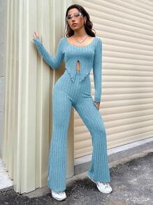 SHEIN Unity Conjunto De Pantalones Acampanados Y Top De Ribetes Sólidos Con Dobladillo Irregular - Celeste - Ver 3