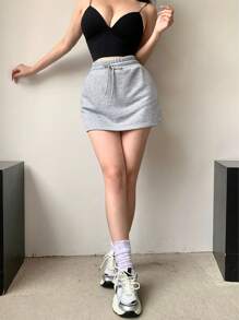 DAZY Váy suông màu trơn có dây rút eo cho nữ, váy bút chì, váy thu - Xám - Xem 7