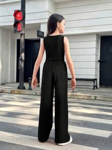 SHEIN Tween 女童时尚甜心针织不对称下摆背心和针织裤套装 - 黑色 - 查看 6