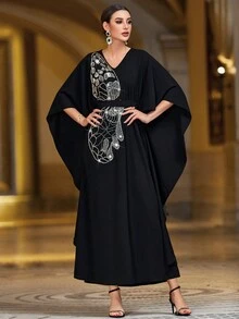 Al Najma 蝴蝶和重負荷設計的土耳其長袍,具有美感 - 黑色 - 查看 5