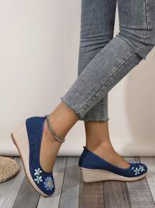 Của phụ nữ Đúng mốt & Thoải mái Chóp giầy tròn Xanh Thêu Giày lười Nêm & Nền tảng Giày đế bệt - Màu xanh lam - Xem 3