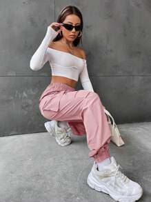 SHEIN Unity Calça Cargo Casual Solta Feminina Fashion - Rosa chiclete - Visão 3
