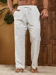 Manfinity Homme 男士条纹高腰抽绳裤，带口袋，宽松长裤，酷炫条纹，纯色，全白，适合秋季外出穿 - 彩色 - 查看 5