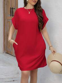 INAWLY Plus Size Solid Color Batwing Sleeve Dress With Diagonal Pockets - Red - View 3