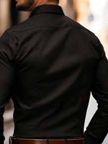 Manfinity Mode Men's Solid Color Casual Long Sleeve Shirt, Fall - Black - View 2