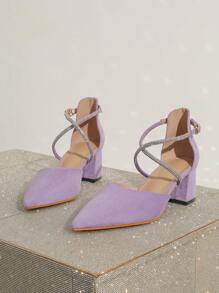 Gót Dày Mũi Nhọn Kim Cương Giả Trang Trí Máng Đeo Chéo Sáng Bóng Thời Trang Khoét Hở Đầm Dự Tiệc Giày Cho Nữ - Màu tím - Xem 3