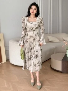 DAZY 女士蝴蝶印花方领喇叭袖连衣裙，花卉荷叶边，秋季长袖连衣裙，复活节 - 綠色 - 查看 3
