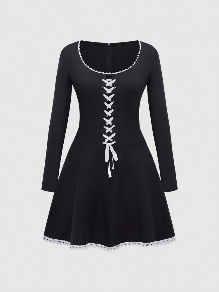 Women's Big Round Neck Bow Tie Belted Dress Fall Cloth For Women