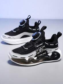 1 Pair Kids Cartoon Colorblock Rotating Lace-Up PU Design Fashion Cute Running Shoes, Suitable For Outdoor Activities And Running