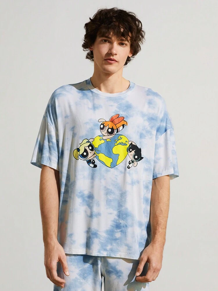 Men Cartoon And Tie Dye Print Drop Shoulder Tee & Shorts Set
