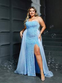 Plus Size Women Slit Flared Sequined Strapless Light Blue Evening Dress