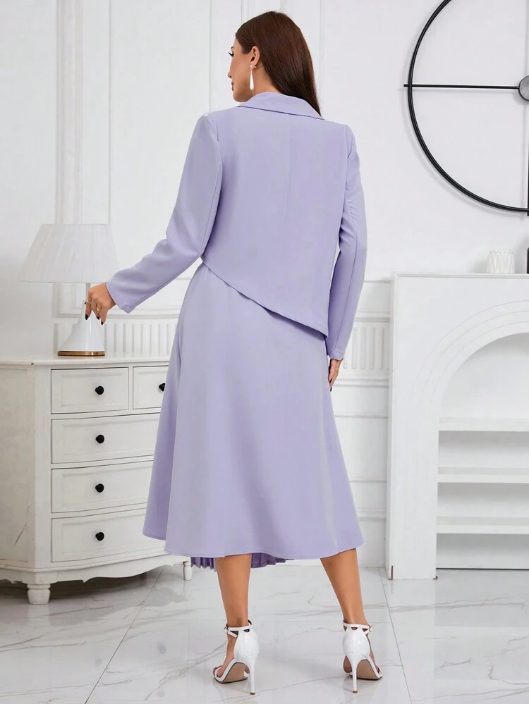 Women's Solid Color Lapel Collar Long Sleeve Blazer And Pleated Mid-Length Skirt Suit 2 Piece Set