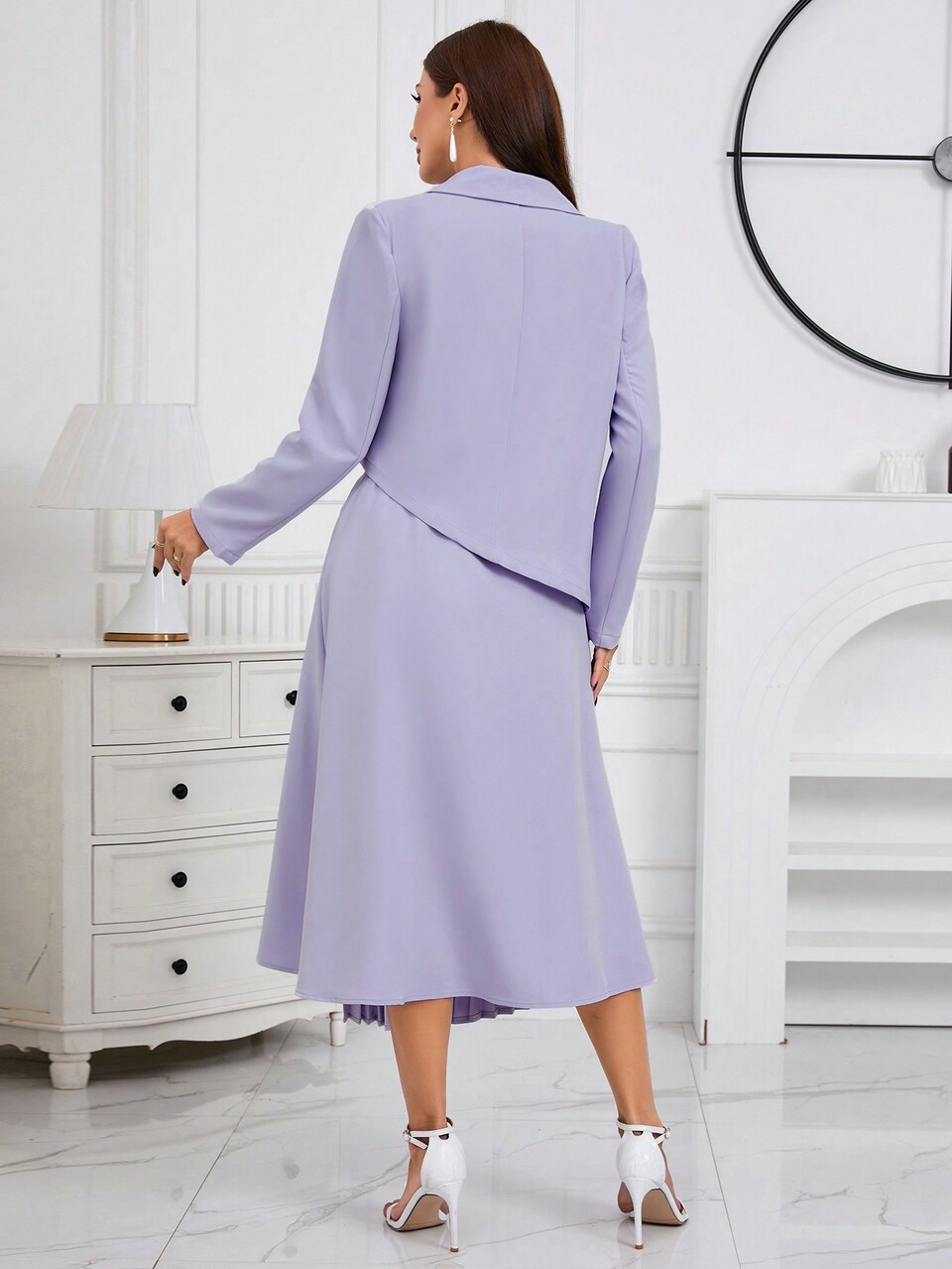 Women's Solid Color Lapel Collar Long Sleeve Blazer And Pleated Mid-Length Skirt Suit 2 Pieces Set