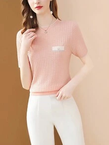 Top de manga corta de punto texturizado color rosa pálido para mujer - Rosa - Ver 4