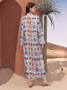 Al Najma 幾何圖案v領流蘇修身中長款連衣裙 - 藍色 - 查看 2