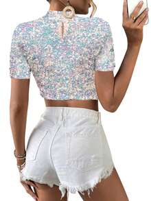 Glittery Short Stand Collar Short Sleeve Cropped Top - White - View 2