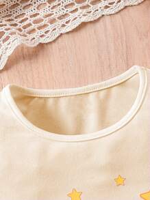 Baby Girl Ramadhan Star & Moon Pattern Printed Sheer Round Neck T-Shirt With Lantern Design, Cute For Festive Atmosphere - Apricot - View 3