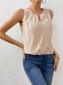 EMERY ROSE Solid Color High Neck Pleated Sleeveless Top - Apricot - View 3