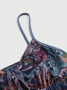 ROMWE Hippie Plus Size Vintage Sun Moon Star Patterned Peasleeve Printed Spaghetti Strap Dress, Summer - Multicolor - View 3