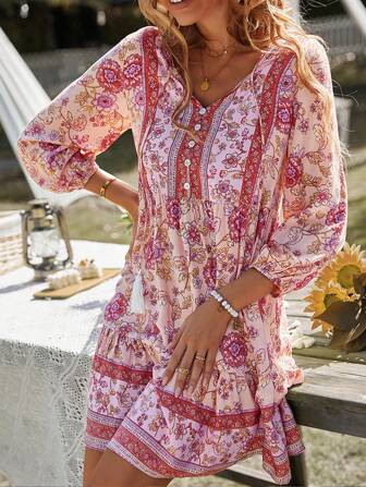 Bohemian Style Casual Holiday Short Dress For Women, Floral Design, 2024 Spring/Summer Collection