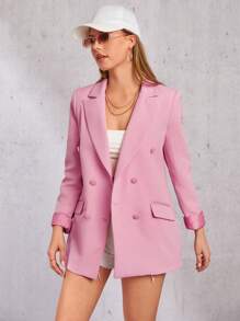 EURMUSE Double Breasted Flap Detail Blazer - Baby Pink - View 4