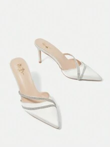 Fashionable Women's Pointed Toe High Heel Court Shoe With Diamante Strap - Beige - View 4