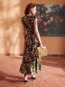 MOTF PREMIUM 熱帶印花v領荷葉邊連衣裙 - 彩色 - 查看 5