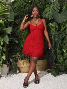 Slaydiva Summer Valentine's Day Daily Date Water-Soluble Flower Spaghetti Strap Red Dress Women's Mini Dress-A - Red - View 5