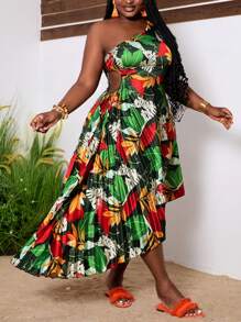 Slaydiva Plus Size One Shoulder Asymmetric Hem Vacation Style Dress With Hollow Out Waist And Leaf Print - Multicolor - View 6
