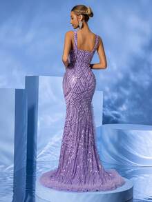 YISIKADO Women's Sparkly Printed Sleeveless 3d Floral Lace Mesh High Slit Party Dress For Prom - Mauve Purple - View 2