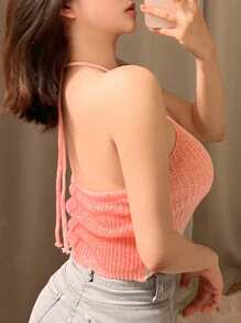DAZY Của phụ nữ Biến đổi dần Áo len dệt kim Với Dây đeo Và Cái cổ Treo Thiết kế - Hồng - Xem 2