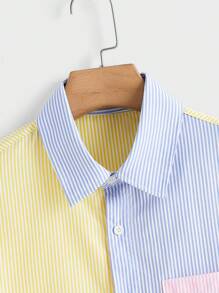 Manfinity VCAY Camicia A Maniche Corte In Tessuto A Contrasto A Righe Per Uomo Con Patchwork In Tessuto Intrecciato