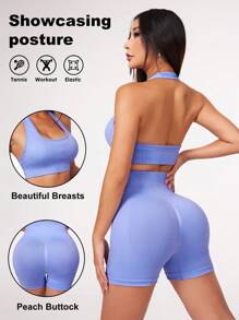 SHEIN Yoga Basic 女士高彈性無縫鑲邊背心時尚套裝,配有頸帶和短褲,適用於運動 - 紫色 - 查看 1
