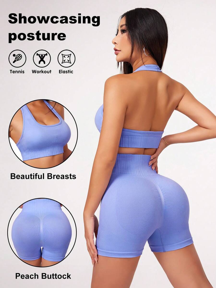 SHEIN Yoga Basic 女士高彈性無縫鑲邊背心時尚套裝,配有頸帶和短褲,適用於運動 - 紫色 - 查看 1