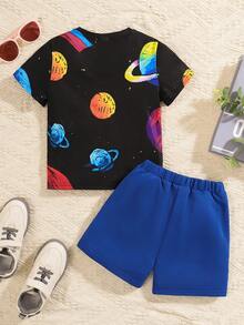 男童休閒舒適太空人圖案短袖上衣和短褲套裝 - 黑色 - 查看 2