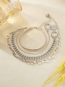 4pcs Multilayered Geometric Design Adjustable Hand Chain, Flat Snake Chain Hollow Out Metallic Bracelet - Silver - View 3