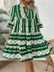 SHEIN Clasi 女士幾何圖案拼色洋裝,帶凸口領和荷葉袖 - 綠色 - 查看 3