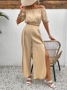 SHEIN LUNE Solid Knit Off Shoulder Top And High Slit Wide Leg Pants Set - Khaki - View 1