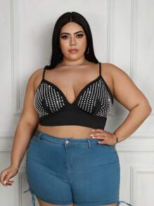 SHEIN CURVE+ 大尺碼女式鉚釘吊帶背心 - 黑色 - 查看 1