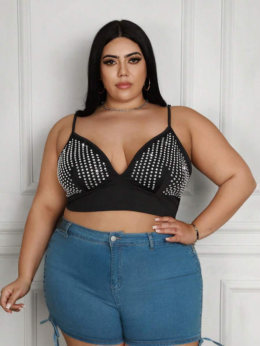 SHEIN CURVE+ 大尺碼女式鉚釘吊帶背心 - 黑色 - 查看 1