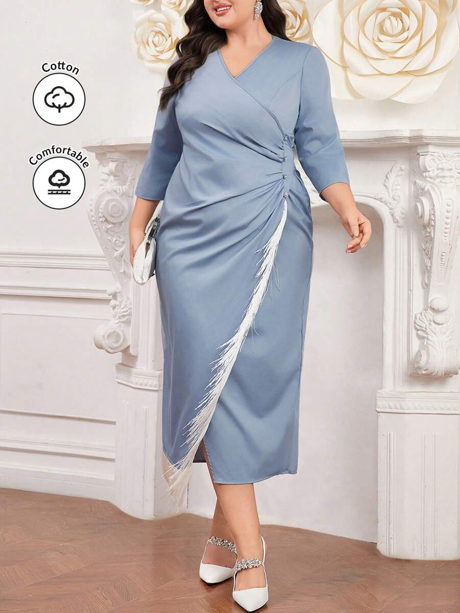 Modelyn 大码女式拼布流苏阿拉伯服装、婚礼宾客礼服长款晚礼服 - 藍色 - 查看 1