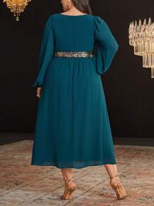 Modelyn Plus Size Sequin Trimmed Ribbon Patchwork Square Collar Pleated Dress