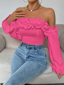 Chiquease Blusa con hombros descubiertos, volantes y mangas cortas acampanadas con volante para mujer - Rosa Fucsia - Ver 3