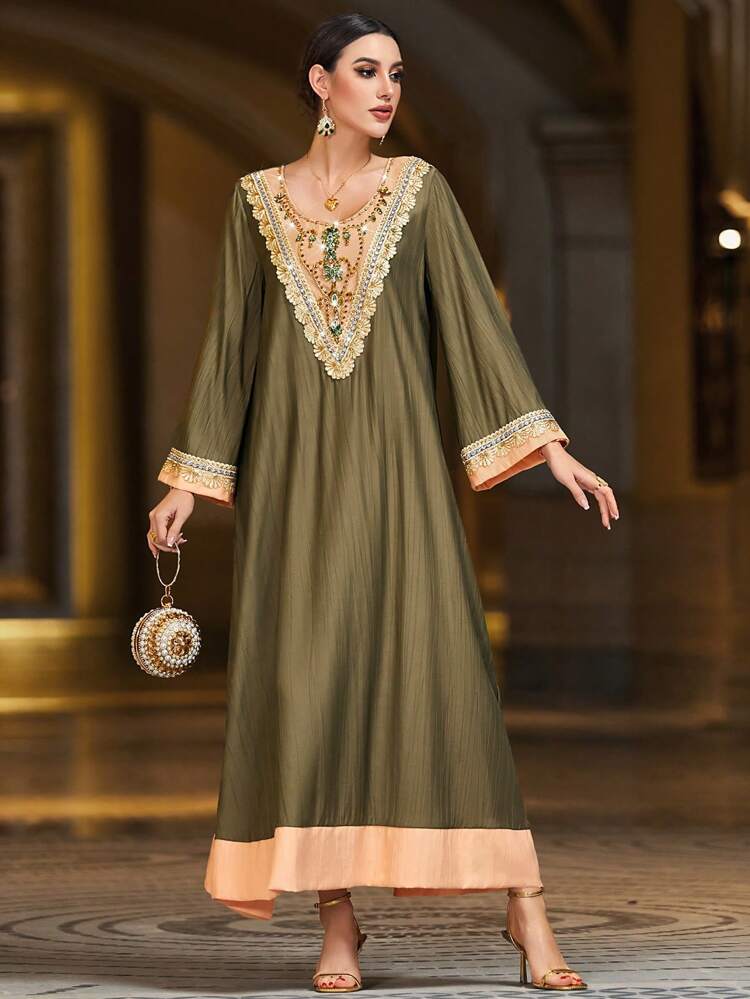 Ladies' Embroidered Detail Long Sleeve Kaftan Dress, Elegant Luxury Evening Party Style