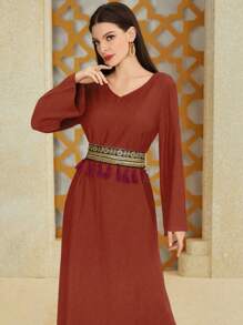 Al Najma 女式流苏长袖阿拉伯腰部拼布连衣裙