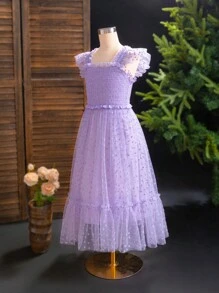 SHEIN 上班族女性的雪紡晚禮服連衣裙,有方領,褶邊和蕾絲圖案 - 淡紫色 - 查看 8