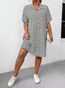 SHEIN LUNE Plus Size Women's Geometric Printed One-Button Shirt Dress