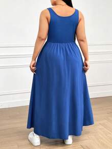 SHEIN EZwear Kích thước lớn Màu thuần Vòng cổ Không tay Eo-thắt chặt Váy chữ A - Xanh đậm - Xem 2