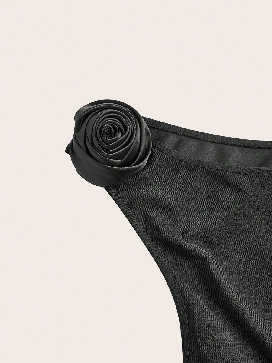 SHEIN EZwear Của phụ nữ Kích thước lớn Ngắn tay Một bờ vai Áo Với 3D Hoa Đồ trang trí - màu đen - Xem 1